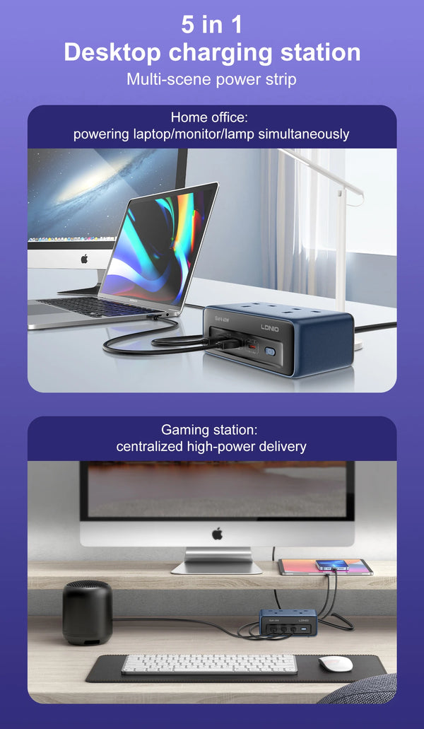 LDNIO 5-in-1 រន្ធដោតភ្លើង AC ចំនួន 2 សម្រាប់ចក្រភពអង់គ្លេស ការពារចរន្តអគ្គិសនី ខ្សែភ្លើងបន្ថែមប្រវែង 2 ម៉ែត្រ រន្ធ USB ចំនួន 3 រន្ធ Type-C ចំនួន 1 ស្ថានីយសាកថ្មលើតុ