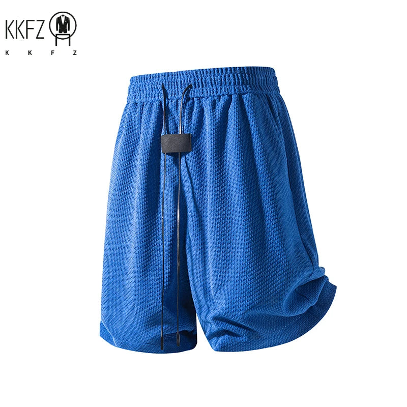 Male Summer Streetwear Shorts Waffle Textured Fabric Elastic Waist Long Drawstring Curved Hem Relaxed Cut For Outings
