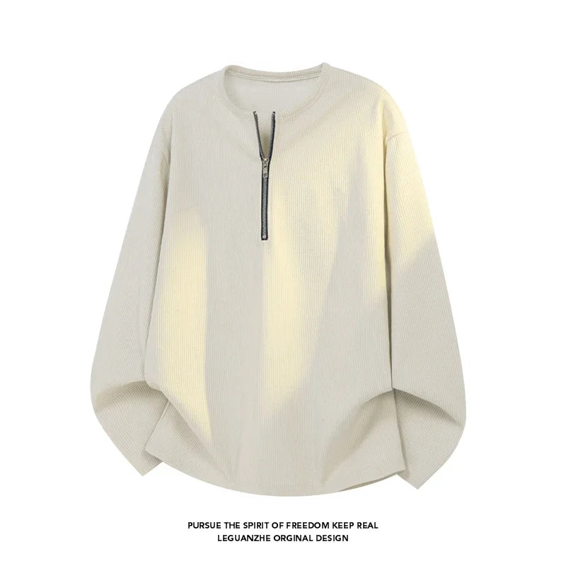 Male Loose Fit Ribbed Corduroy Long Sleeve Shirt Half Zipper Crew Neck Airy Fabric For Office Commute Leisure Occasions