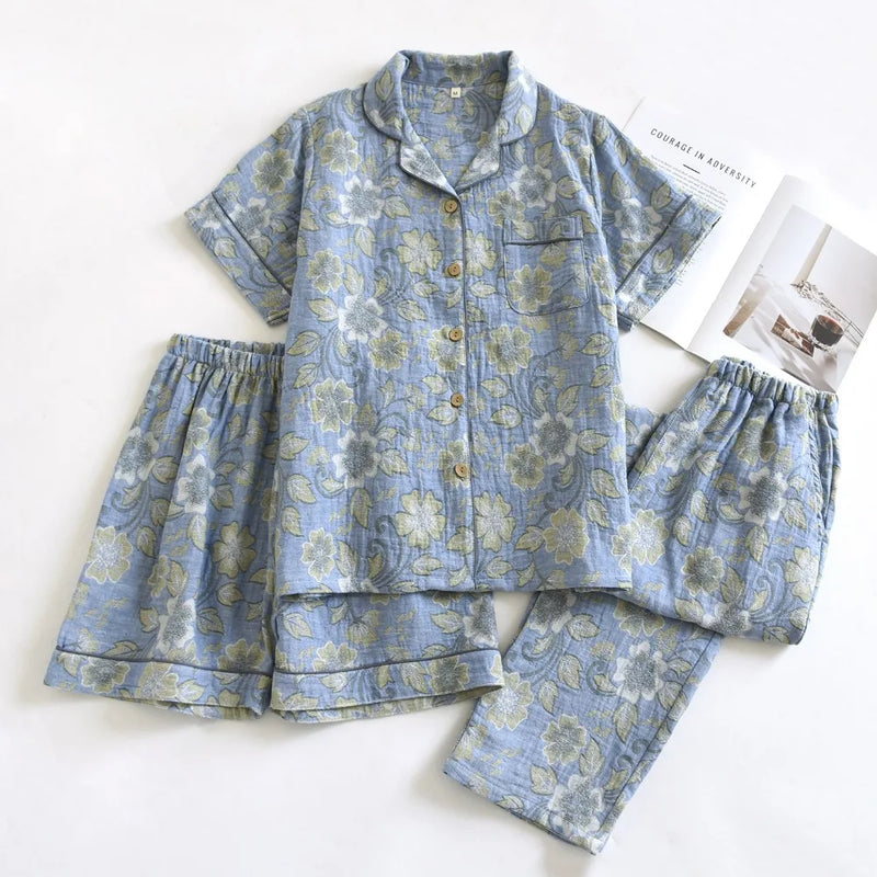 Retro Floral Summer Pajamas Lapel Short Sleeve Sleepwear Women's Cotton Home Wear New Three-Pieces Pyjama Set Woman Nightwear