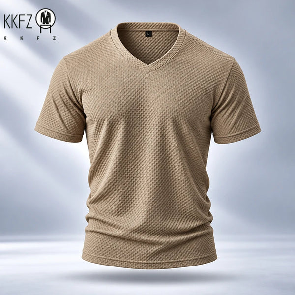 Waffle Textured Fabric Mens V Neck Short Sleeve Top Durable Stitching Soft Stretchy Design For Outdoor Daily Scenes