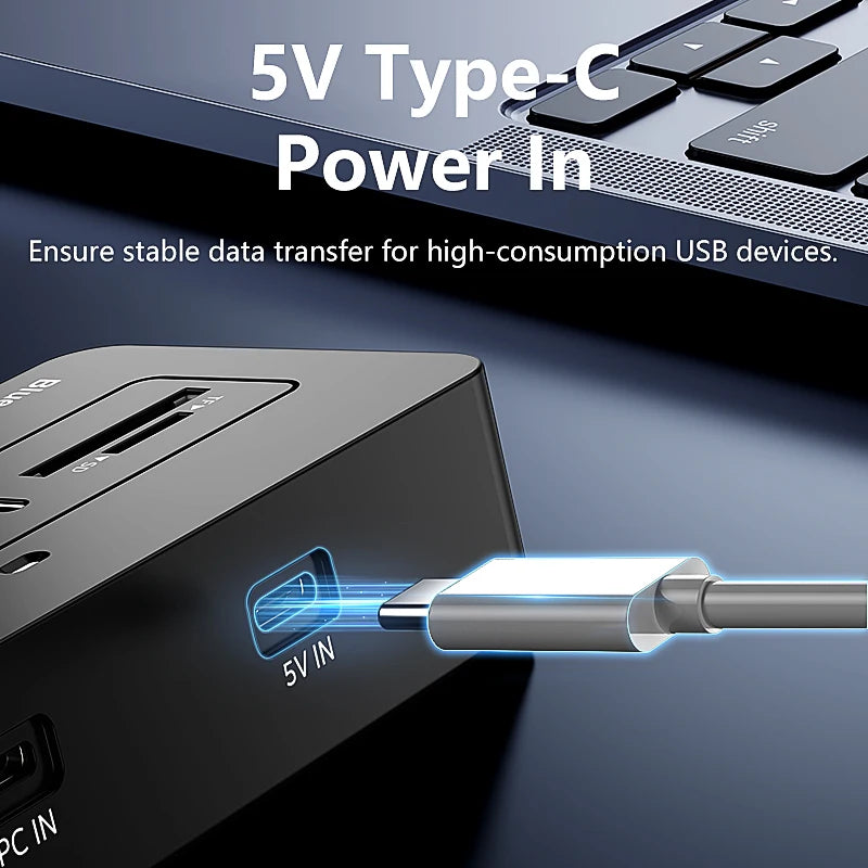 ស្ថានីយ៍ចត USB-C Hub ពហុរន្ធ Blueendless 5Gbps USB3.0 Splitter 7/8-រន្ធ 2-in-1 ខ្សែថាមពលខាងក្រៅ 5V សម្រាប់កុំព្យូទ័រយួរដៃ PC