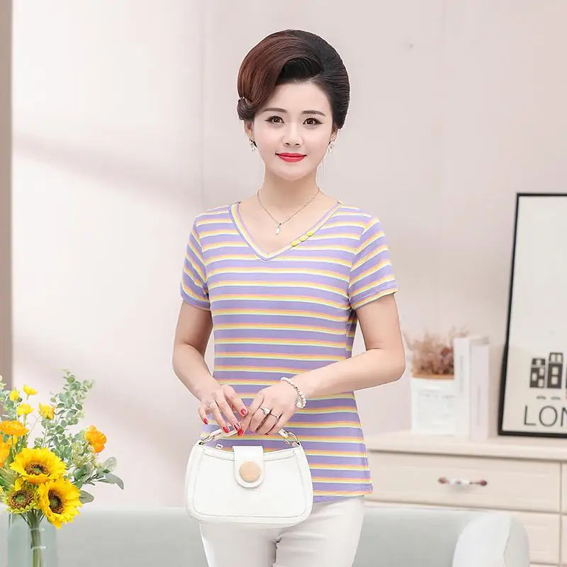 សម្លៀកបំពាក់នារីទាន់សម័យ អាវយឺតដៃខ្លីឆ្នូតៗ រដូវក្តៅ ធម្មតា គ្រប់ម៉ូដ ក V ស្តើង អាវការិយាល័យ អាវយឺតបុរាណ