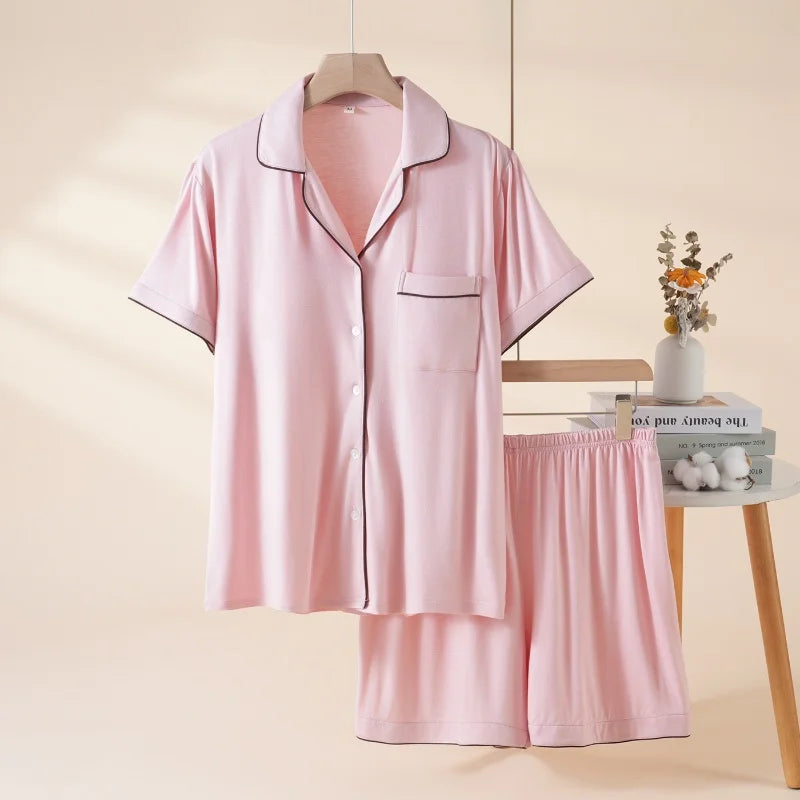 Modal Women's Pajamas Summer New Short-Sleeved Lapel Collar Tops Loungewear Comfortable 2 Pcs Sleepwear Pijama Homewear Set