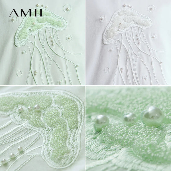 Amii Minimalist Casual Light Luxury T-shirt Women 2026 Summer New Loose O-neck Marine Embroidery Beaded Cool Tees Tops 12542148