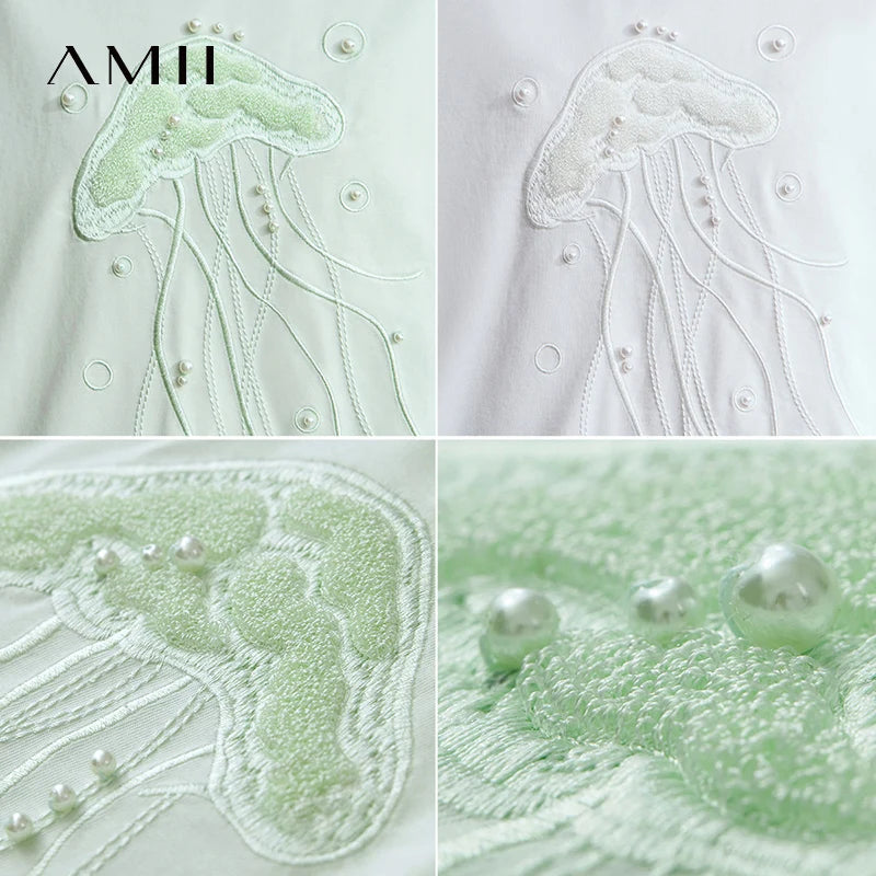 Amii Minimalist Casual Light Luxury T-shirt Women 2026 Summer New Loose O-neck Marine Embroidery Beaded Cool Tees Tops 12542148