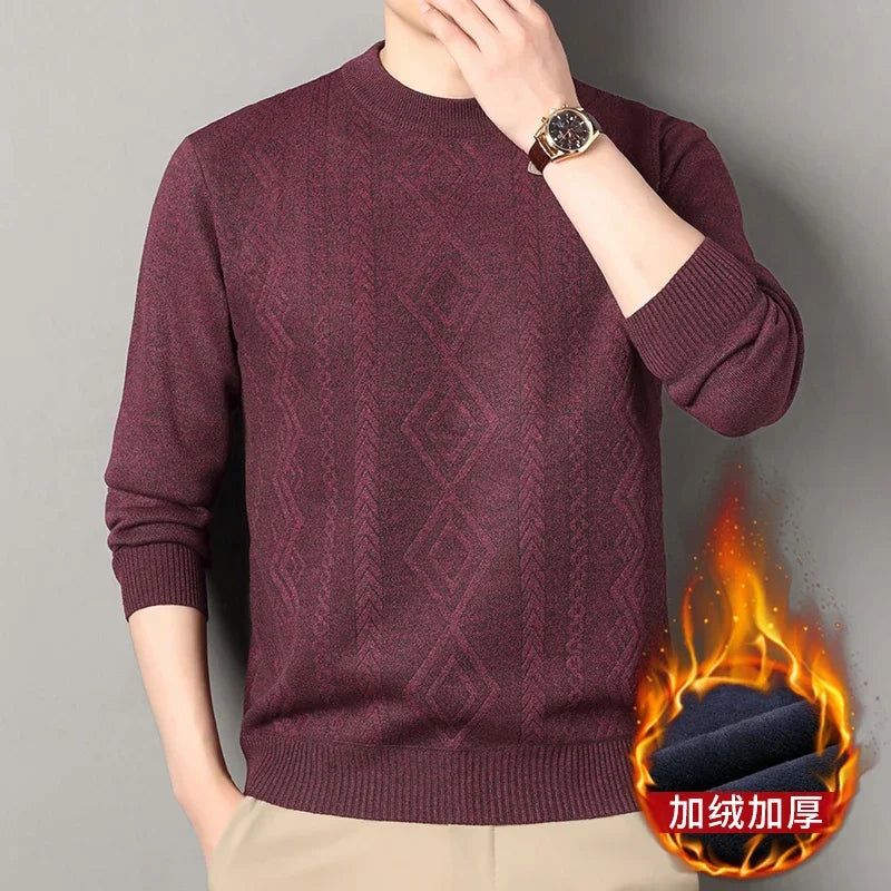 Jacquard Pattern Male Warm Sweater Full Fleece Lining Elastic Hem Crew Neck Office Semi Formal Long Sleeve Pullover