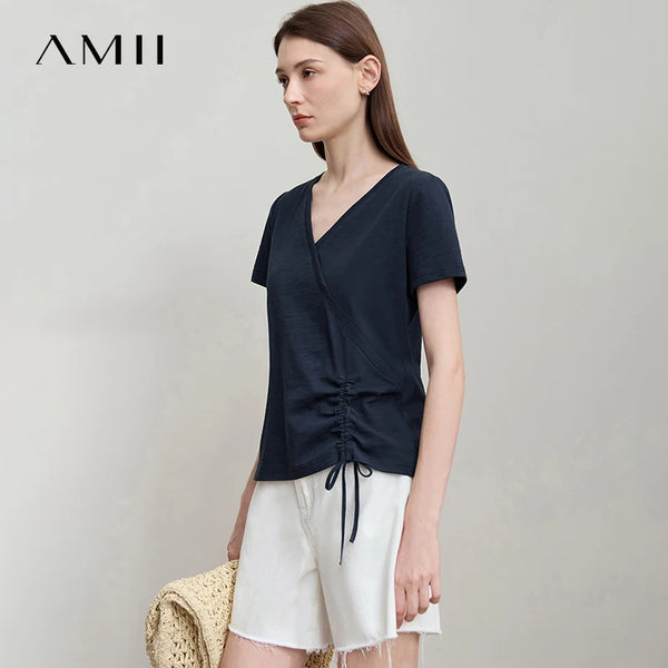 AMII Women's Minimalist Cotton T-Shirt 2026 Fashion Casual V-Neck Drawn Fold Short SleeveTee Tops Comfort Daily T-Shirt 12522163