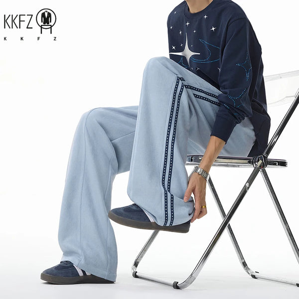 Men Casual Sporty Straight Pants Elastic Drawstring Waist Side Tape Detail Loose Wide Leg Daily Street Garment