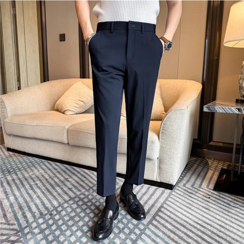 Men Summer Business Casual Trousers Lightweight Stretch Suit Pants Elastic Waist Flat Front Cropped Length Office Wear