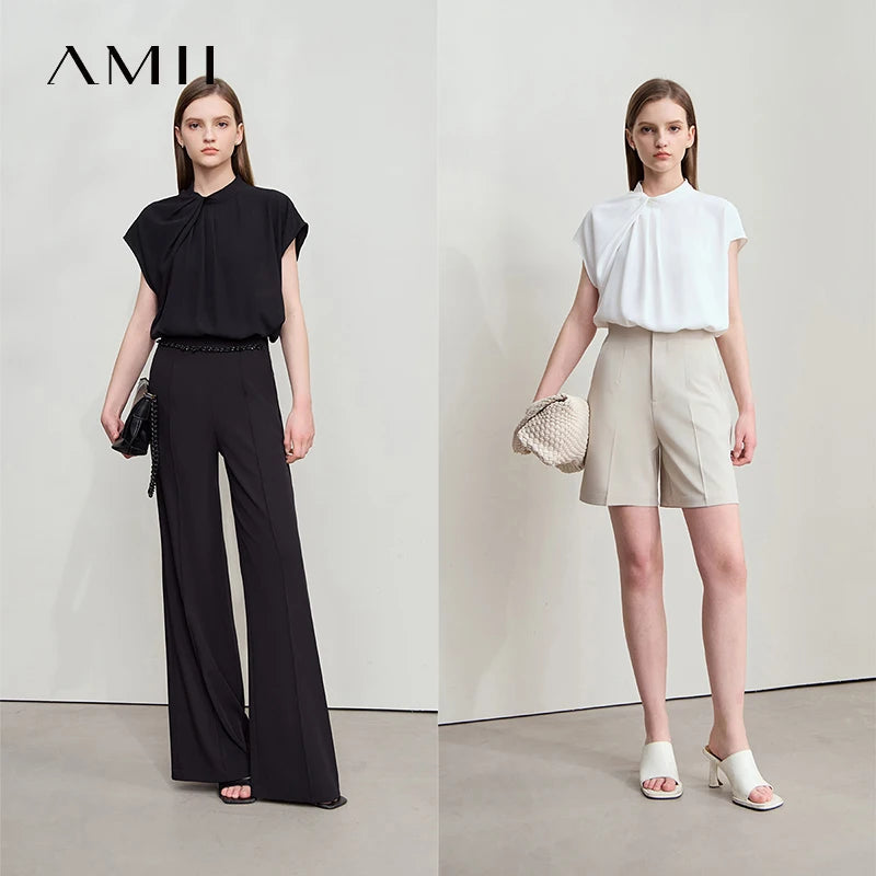 Amii Minimalist Casual Shirt Women Clothing 2026 Summer New Office Lady Asymmetric French Pleated Sleeve Comfort Blouse 12542217