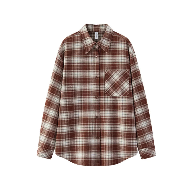 Semir Women Winter Shirt Mid Length Brushed Fabric Cotton Plaid Loose Fit Vintage Style 2026 New Winter Daily Wear