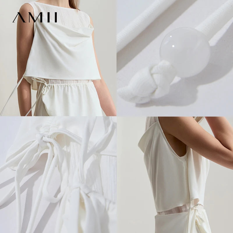 Amii Women Minimalist Casual Dress 2026 Summer New Office Lady Light Luxury Sleeveless Knit Drawstring Midi Dresses 12542115