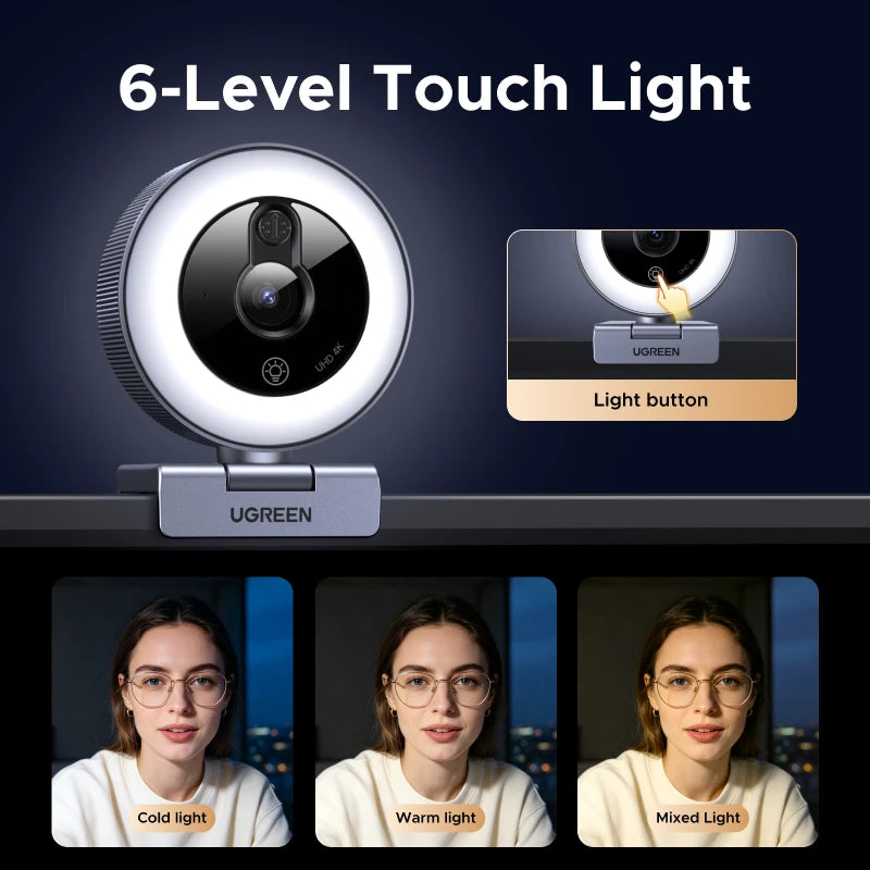 UGREEN 4K Webcam with 6-Level Touch Ring Light, Face AE, 4K@30fps Auto Focus, Built-in Privacy Cover, USB-C, 12MP PC Camera