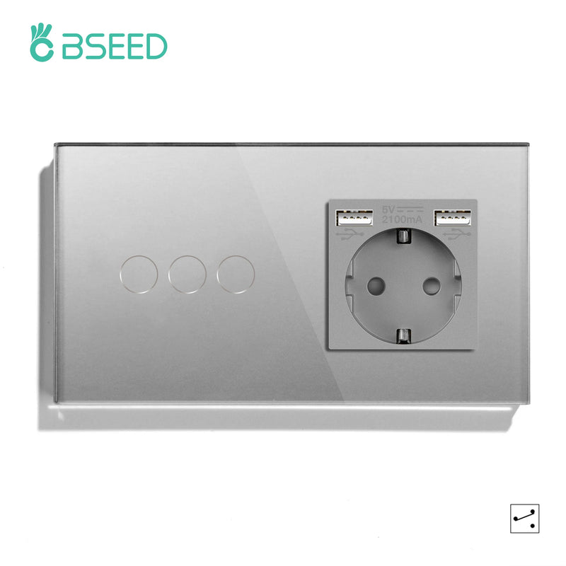 Bseed Wall Touch Light Switch 1/2/3Gang 2Way Light Switch With EU Socket USB Type-C Glass Panel Blue Backlight 240V for Stairs
