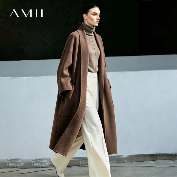 Amii Woman Winter Coats 2026 New Lapel Cashmere Double-faced Wool Long Coat Loose Buttonless Warm Women's Outerwear 12624086