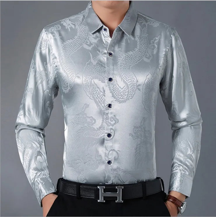 Men's Red Long-sleeve Printed Shirt with A Lapel Featuring A Chinese Dragon Design. White, Blue, Yellow, Brown, and Gray.