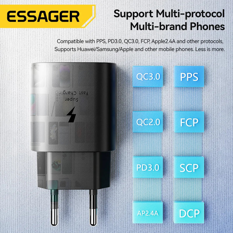 ឆ្នាំងសាក Essager 25W USB C ឈុតឆ្នាំងសាក PD សាកលឿន ឆ្នាំងសាកទូរស័ព្ទរហ័សសម្រាប់ iPhone 16 15 Pro Max Xiaomi Oneplus Xiaomi Samsung