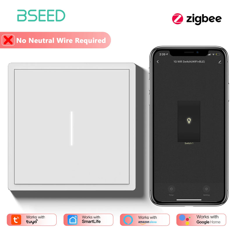 BSEED Zigbee Button Light Switch 1/2/3/4Gang Smart Wall Switch Tuya Smart Life Alexa Voice Control Plastic Frame No Neutral Line