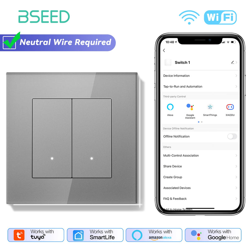 BSEED Tuya Smart WIFI Switch 1/2/3/4Gang 2Way Button Light Switch Smart Life Control Support Alexa Google Home Need Neutral Wire