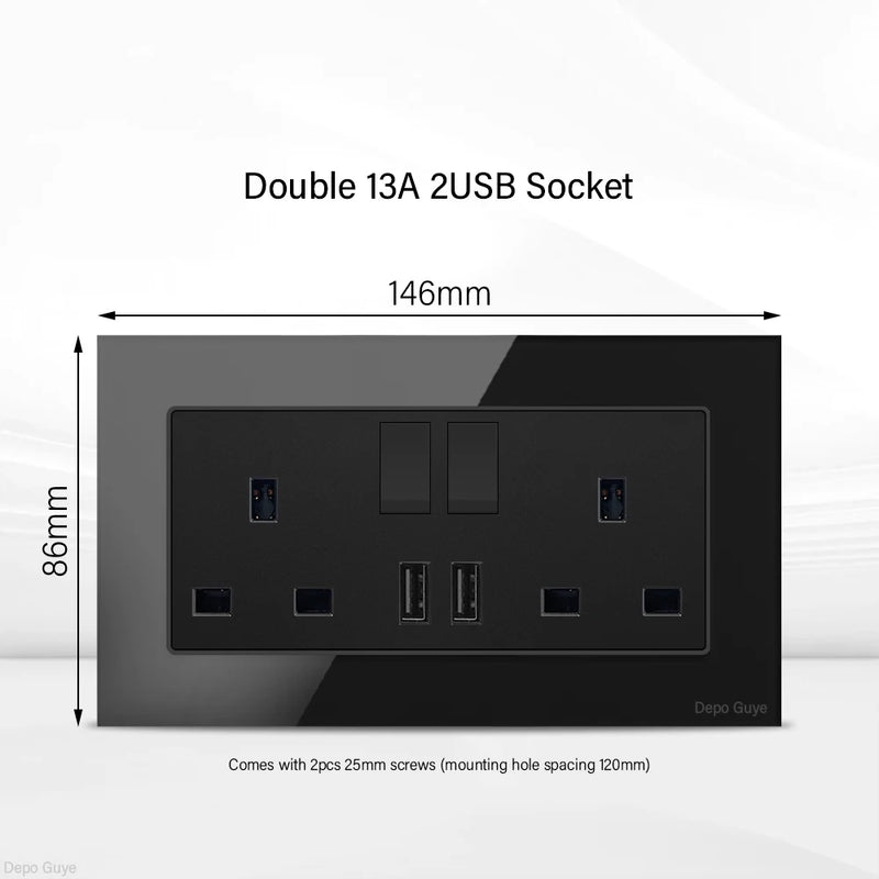 UK Black USB Type-C 18W Fast Charging Socket Universal Tempered Glass  Double 5-pin Power Plug,Home Electrical Wall Light Switch