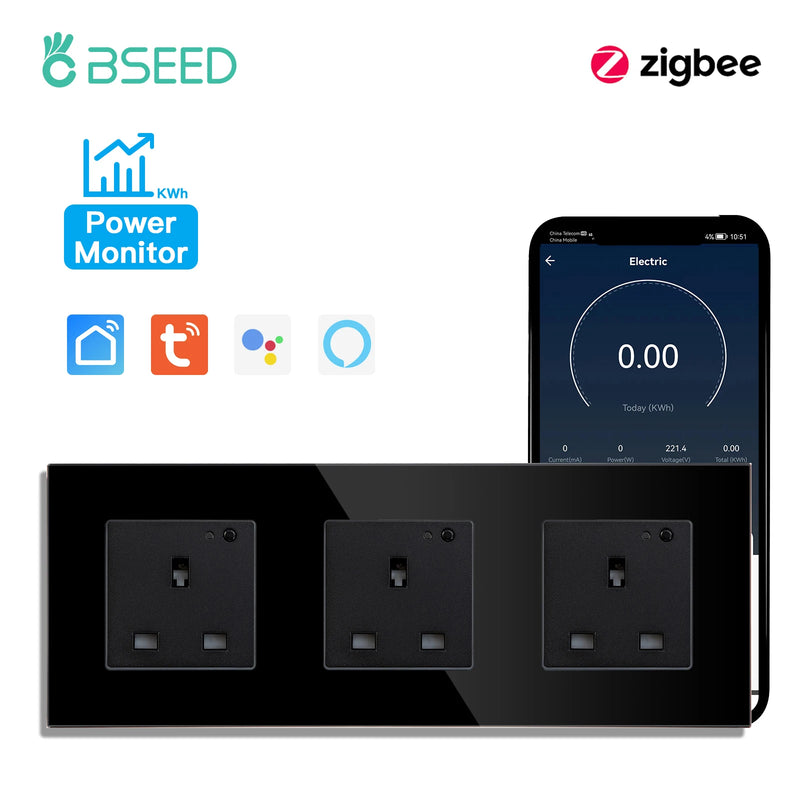 BSEED UK Standard Zigbee Power Monitor Socket Smart Double Electric Power Outlets Tuya Smart Iife Google Home Control 13A