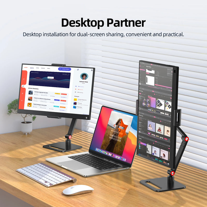 ឈុតស្ព្រីងដែក UPERFECT Ustand D9 អាចបត់បែនបានសម្រាប់តង្កៀបម៉ូនីទ័រចល័តទំហំ 13.3-17.3 អ៊ីញ ដែលអាចលៃតម្រូវបាន 360° អេក្រង់បញ្ឈរខាងក្រៅ