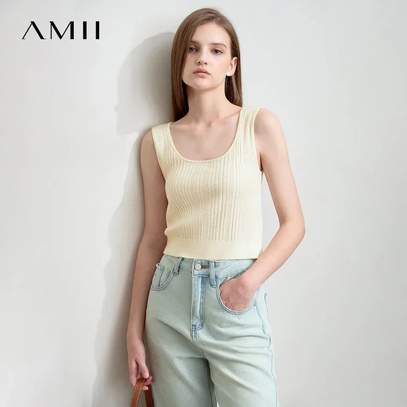 Amii Minimalist Woolen Suspender Vest 2026 Summer New Solid Large U-neck Short Slim Versatile Commuter Crop Top Women 12521004