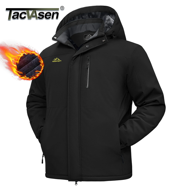 TACVASEN Mens Heavyweight Ski Jacket Waterproof Fleece Parka Detached Hood Windproof Placket Outdoor Coat Winter Warm 5 Pocket