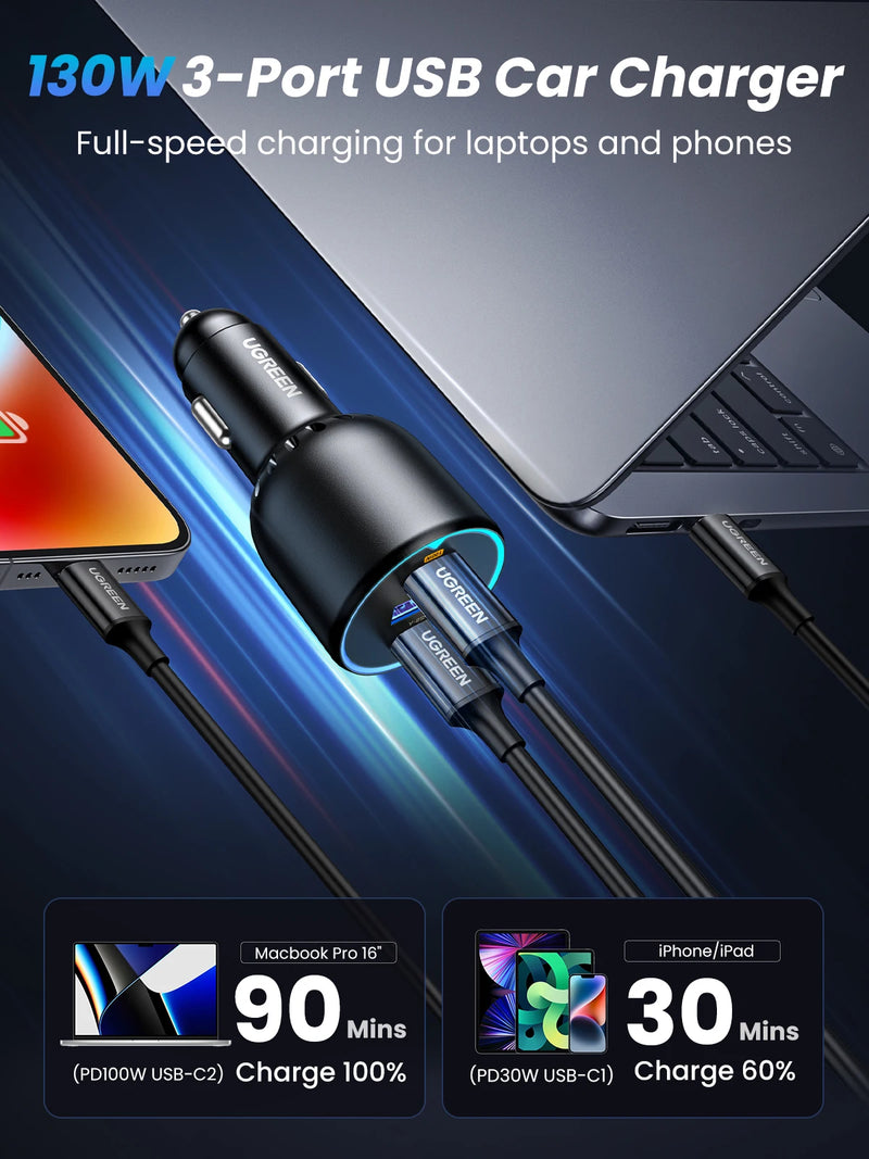UGREEN 130W USB C Fast Car Charger with PD Cable for For Xiaomi iPhone 17 Samsung Galaxy S25 Laptops Fast USB C Car  Charger QC4