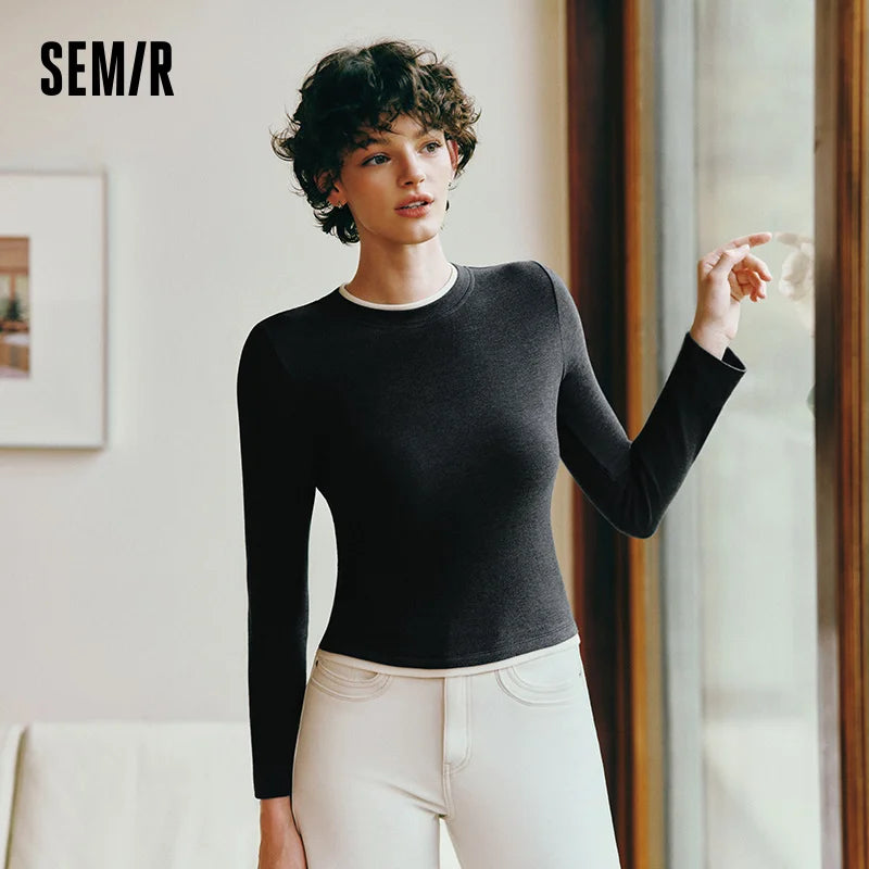 Semir Women Tshirt Thermal Warmth Antibacterial Fabric Fleece Lined Layered Look Long Sleeve Slim Fit 2026 Winter Soft Comfort