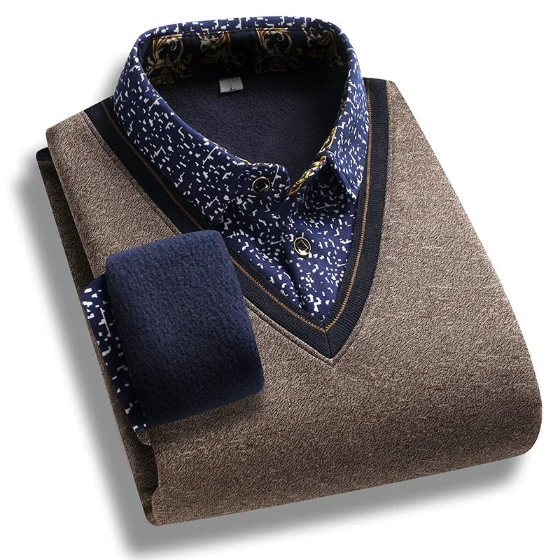 V Neck Piping Detail Fake Two Piece Shirt Men Fleece Lined Printed Collar Long Sleeve Travel and Family Gathering Wear