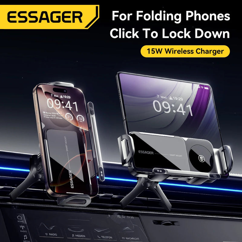 ឆ្នាំងសាកឥតខ្សែ Essager Fold Screen Car Wireless Charger 15W សម្រាប់ Samsung Galaxy Z Fold 6 5 Note 20 10 9 8 Dual Coil Rotatable Car Holder