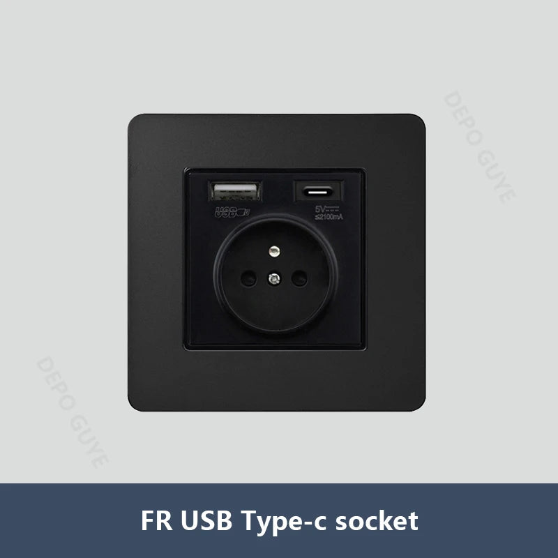 Black Vintage Toggle EU FR Lamp Switch Socket,Retro Brass Lever Light Switch Univeral Stainless Steel Dual Wall Socket With USB