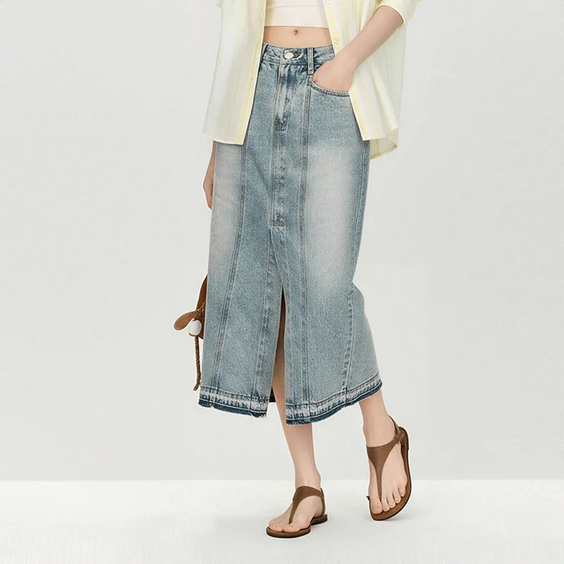 Semir Women Skirt Panelled 2026 Side Split Raw Hem Straight Urban Casual Everyday Style Soft Comfortable Daily Wear Trendy