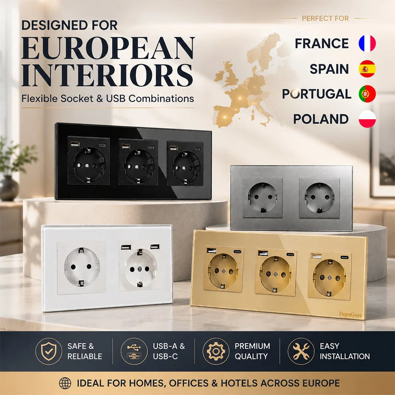 European Standard 4 Gang Wall Power Socket 16A Glass Panel with Three USB Type-C Ports White Black Industrial Home Hotel
