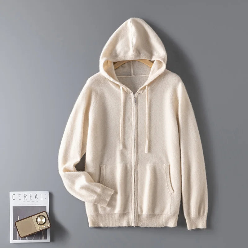 100% Wool  Men's Zip-Up Hooded Sweater, Soft Knit with Pockets, Ideal for Fall and Winter Daily Commute