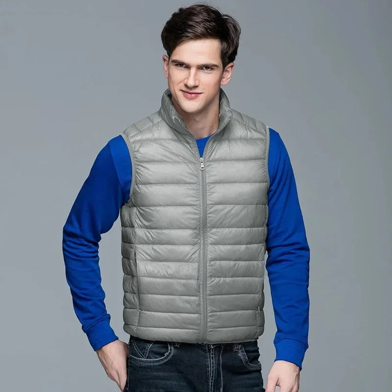 Mens Blue Standing Collar Light/Thin Sleeveless Vest Jacket, Wine Red Black Gray Green Available, Asian Size Casual Waistcoat