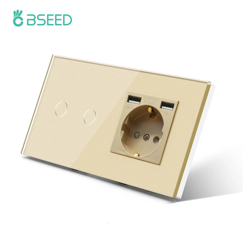 BSEED EU Wall Sockets Single Power Outlet Double Glass Frame USB Type-C Charge Ports Triple Socket Plugs Kids Protection 16A