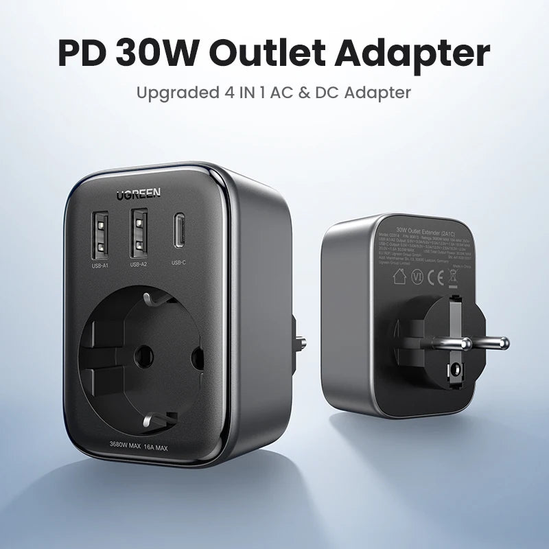 UGREEN 30W GaN PD Charger with AC Outlets Wall Socket USB Charging Socket Fast Power Strip for iPhone 17 16 Xiaomi Android Phone