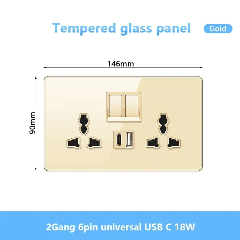 Gold UK 13A Tempered Glass USB Socket Plug,18W Type-C Fast charging Universal 3pin Dual Power Outlet,Wall 2way Light Switch