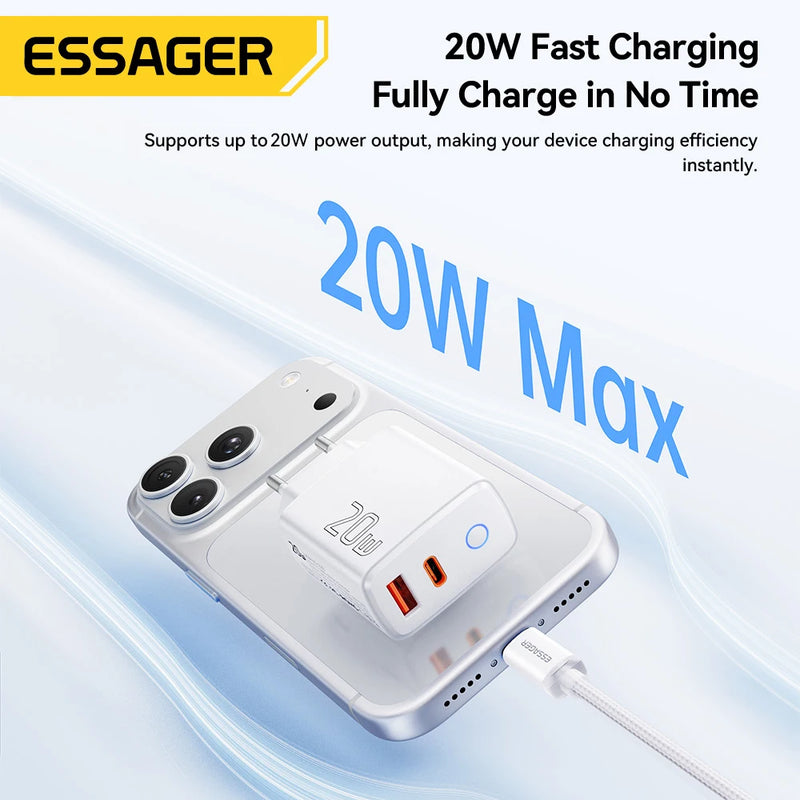 ឧបករណ៍សាកថ្មលឿន Essager PD 20W USB Type C សាកលឿន 4.0 3.0 QC PD សម្រាប់ iPhone 17 16 15 14 13 12 Pro Max ឆ្នាំងសាកទូរស័ព្ទ