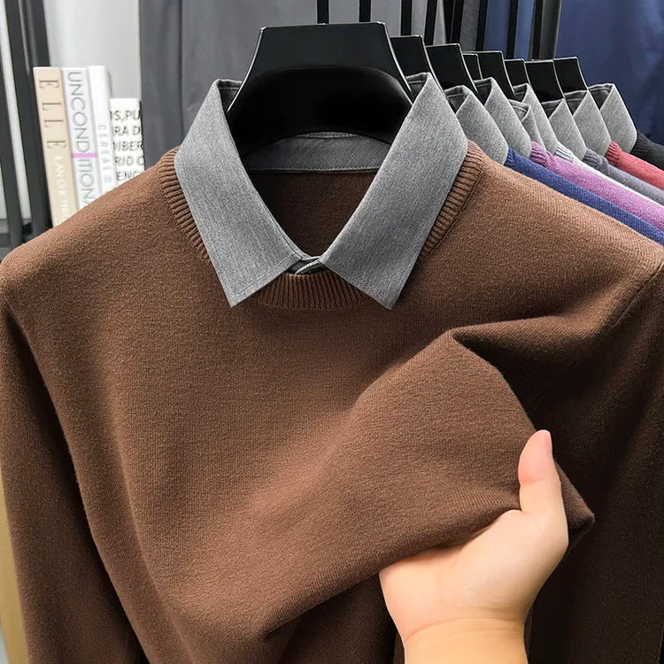 Men's Grey Faux Two-Layer Knit Sweater, Button-Down Shirt Collar with Soft Wool Blend Fabric, Smart Business Autumn Casual Wear