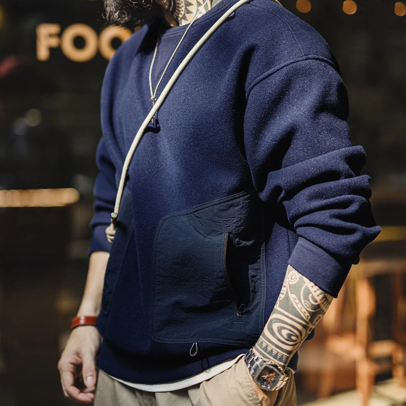 Maden Vintage Heavyweight Patchwork Pocket Sweatshirt Loose Round-neck Versatile Hoodies for Men's Autumn Long-sleeved Pullover
