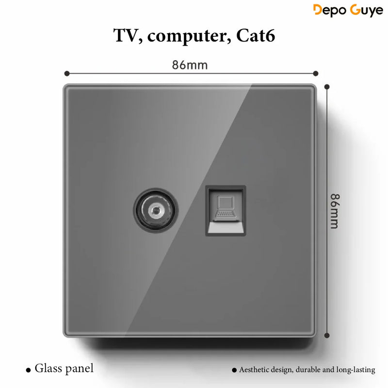 Grey Tempered Glass UK Standard 13A Wall Switch Socket with LED USB Type-C TV CAT6 Data Outlet British Electrical Wall Panel