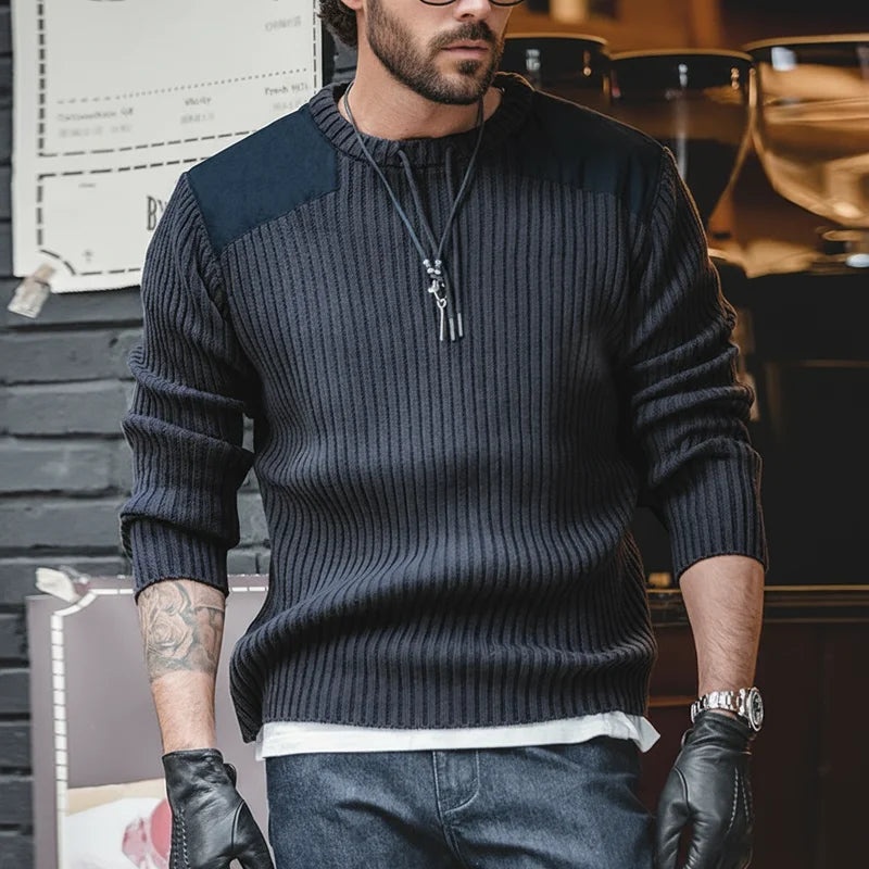 Maden Vertical Stripe Sweater O-Neck Slim Fit Men’s Retro Knitted Pullover Patch Stitching Design Classic Sweaters Men Clothing