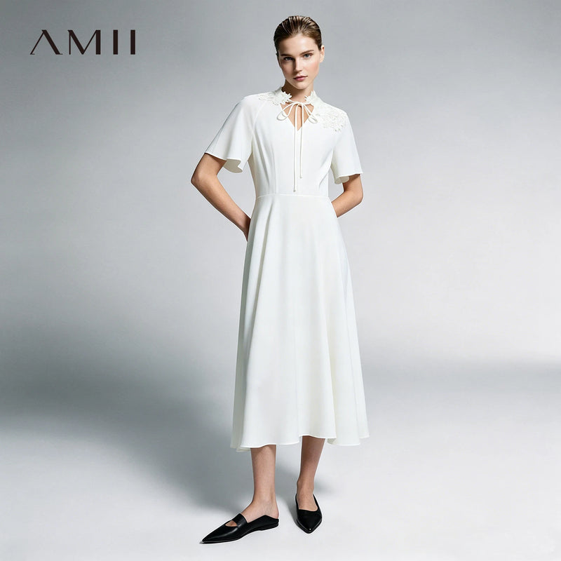 Amii Womens Dresses 2026 Summer New V-Neck Short Sleeve Chiffon Midi Dress Holiday Casual Lace Patchwork Woman Clothes 12622143