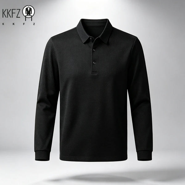 Men Long Sleeve Lapel Polo Shirt Lightweight Textured Knit Button Top Suitable For Business Meeting Daily Wear