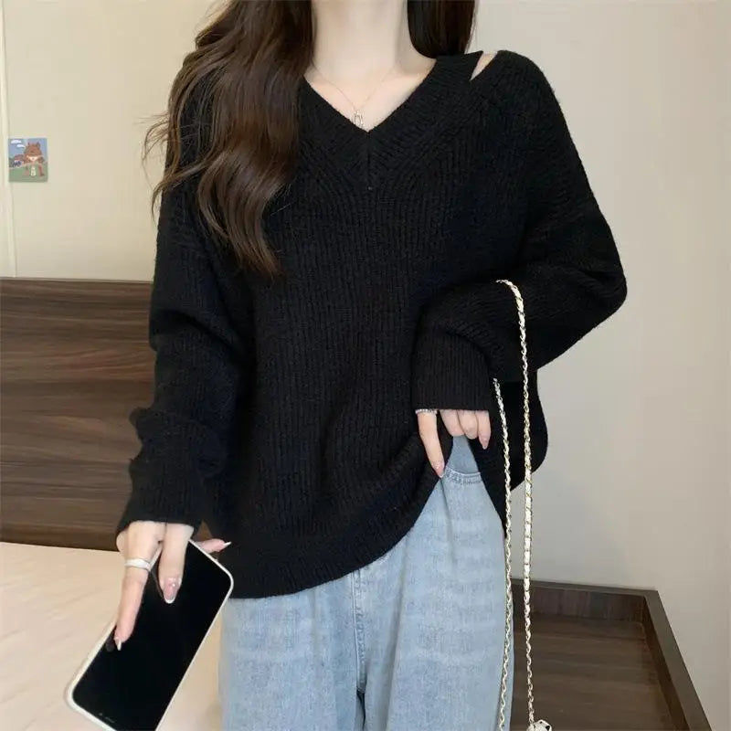 Lazy Style Sweater Long Sleeve Top Autumn Winter Solid Color Casual Women's Outside Wear Pullovers Knitting V Neck Pull Femme