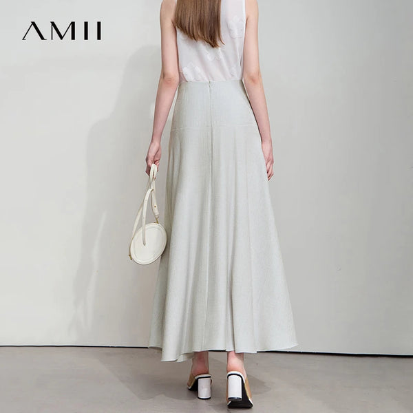 AMII សំពត់នារី Minimalist រដូវក្តៅ Luxur Office Lady Solid Combination Twill A-Line Elegant MIdi Skirt Female Clothing12542278